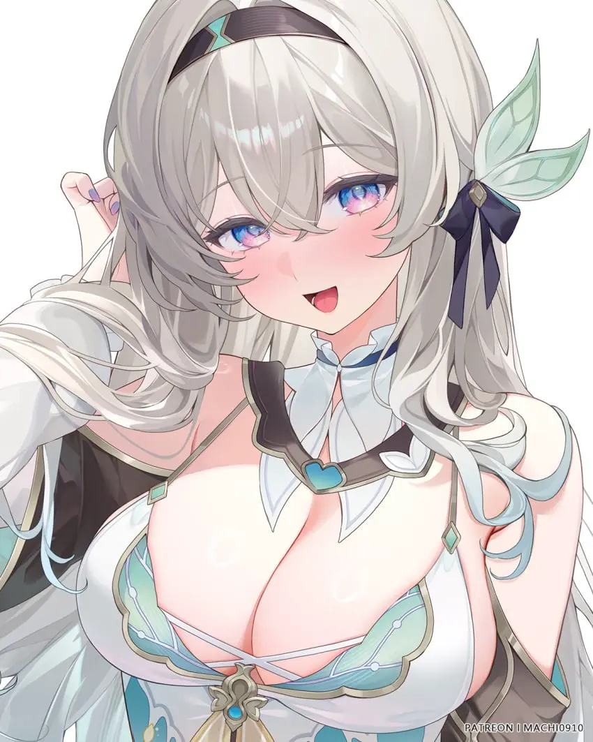 Image breasts,female,cleavage,huge_breasts,nail_polish,full-face_blush,upper_body,painted_nails,honkai:_star_rail,gradient_eyes,naughty_smile,best_girl,firefly_(honkai:_star_rail)