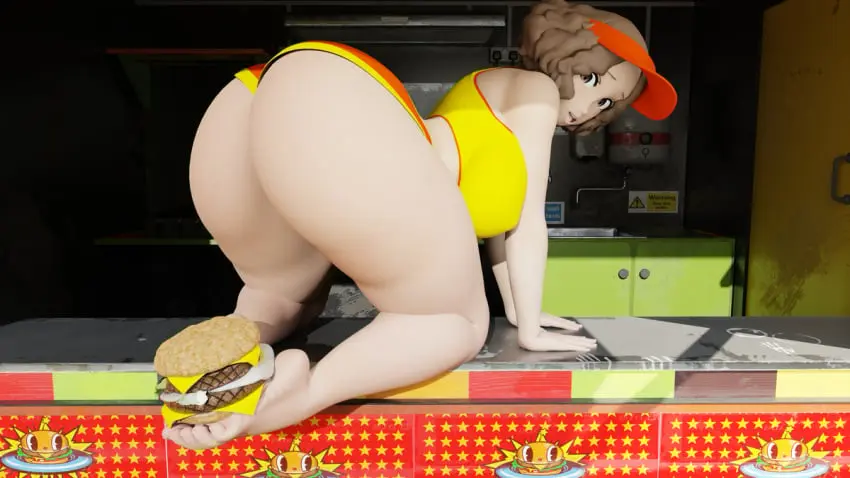Image bubble_butt,huge_ass,foot_fetish,alternate_costume,all_fours,persona,persona_5,burger,haru_okumura,fast_food