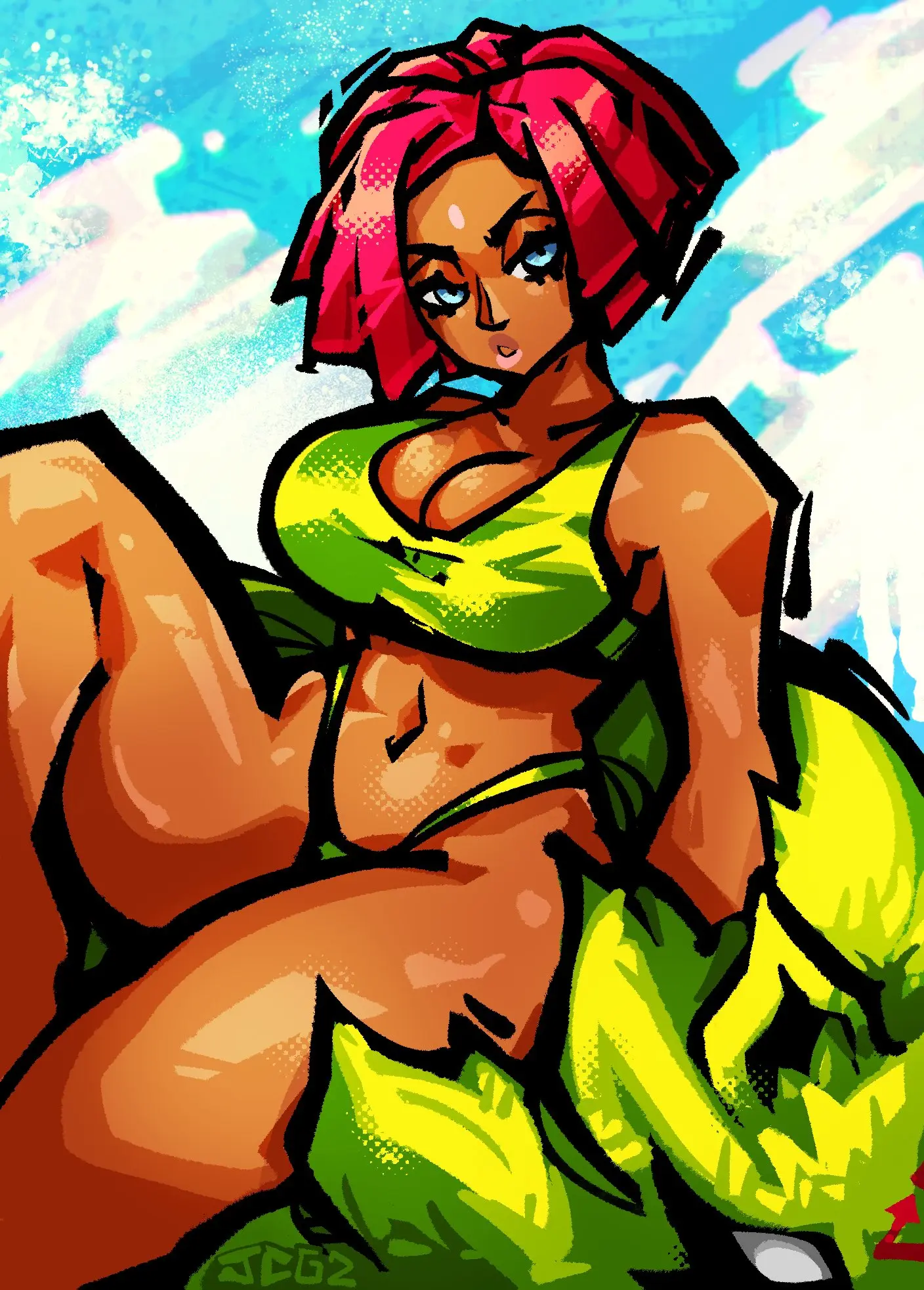 Image 1girls,big_breasts,breasts,female,red_hair,bikini,thick_thighs,thighs,tan_skin,cleavage,tan_body,dark-skinned_female,highleg,brazilian,tan,guilty_gear,giovanna_(guilty_gear),brazilian_female,rei_(guilty_gear),jayclouserart