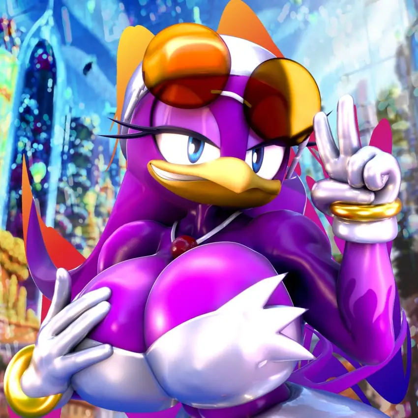 Image big_breasts,breasts,female,long_hair,blue_eyes,gloves,furry,voluptuous,headwear,cleavage,shoulders,glasses,necklace,purple_hair,smug,3d,blender,latex,tight_clothing,sega,sonic_(series),sonic_the_hedgehog_(series),furry_only,teasing,teasing_viewer,avian,beak,bird,crop_top,smug_face,mobian_(species),peace_sign,tight_pants,touching_breast,glossy,touching_self,wave_the_swallow,bird_tail,palisal