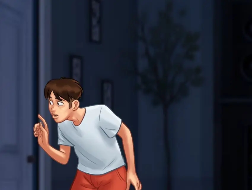 Image clothed,clothing,light_skin,solo,1boy,male,male_only,digital_drawing_(artwork),digital_media_(artwork),solo_focus,light-skinned_male,2d,brown_hair,2d_(artwork),shorts,open_door,masculine,door,summertime_saga,darkcookie,main_character_(summertime_saga),curious,peaking