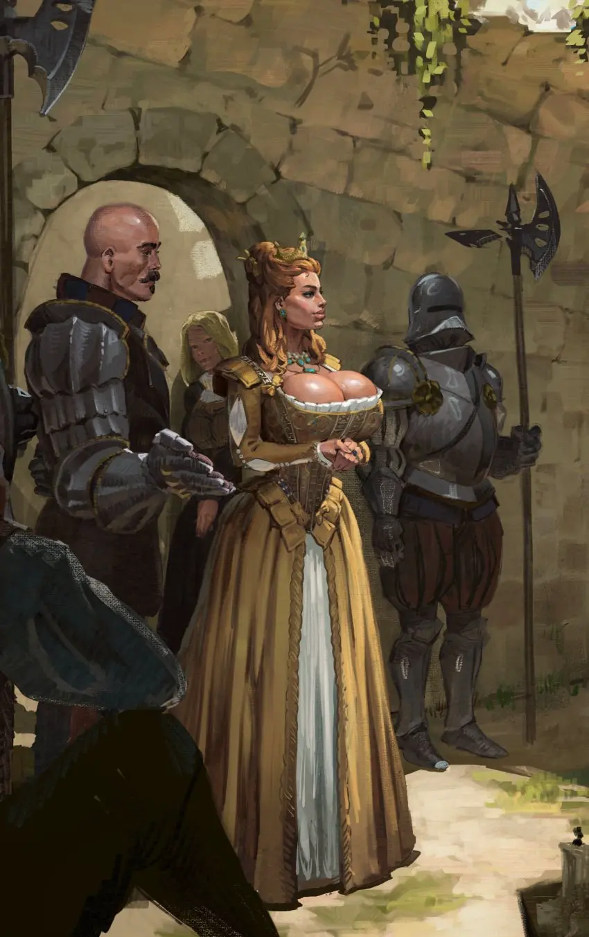 Image 1girls,breasts,female,human,human_only,light-skinned_female,light_skin,male,cleavage,huge_breasts,light-skinned_male,dress,lips,necklace,brown_hair,outdoors,bimbo,alternate_breast_size,mature,bald,tiara,4boys,armor,royalty,mature_male,the_witcher_(series),the_witcher_3:_wild_hunt,knight,bald_male,anna_henrietta,vivienne_de_tabris,damien_de_la_tour,iranon,spherical_breasts,the_witcher_3:_blood_and_wine