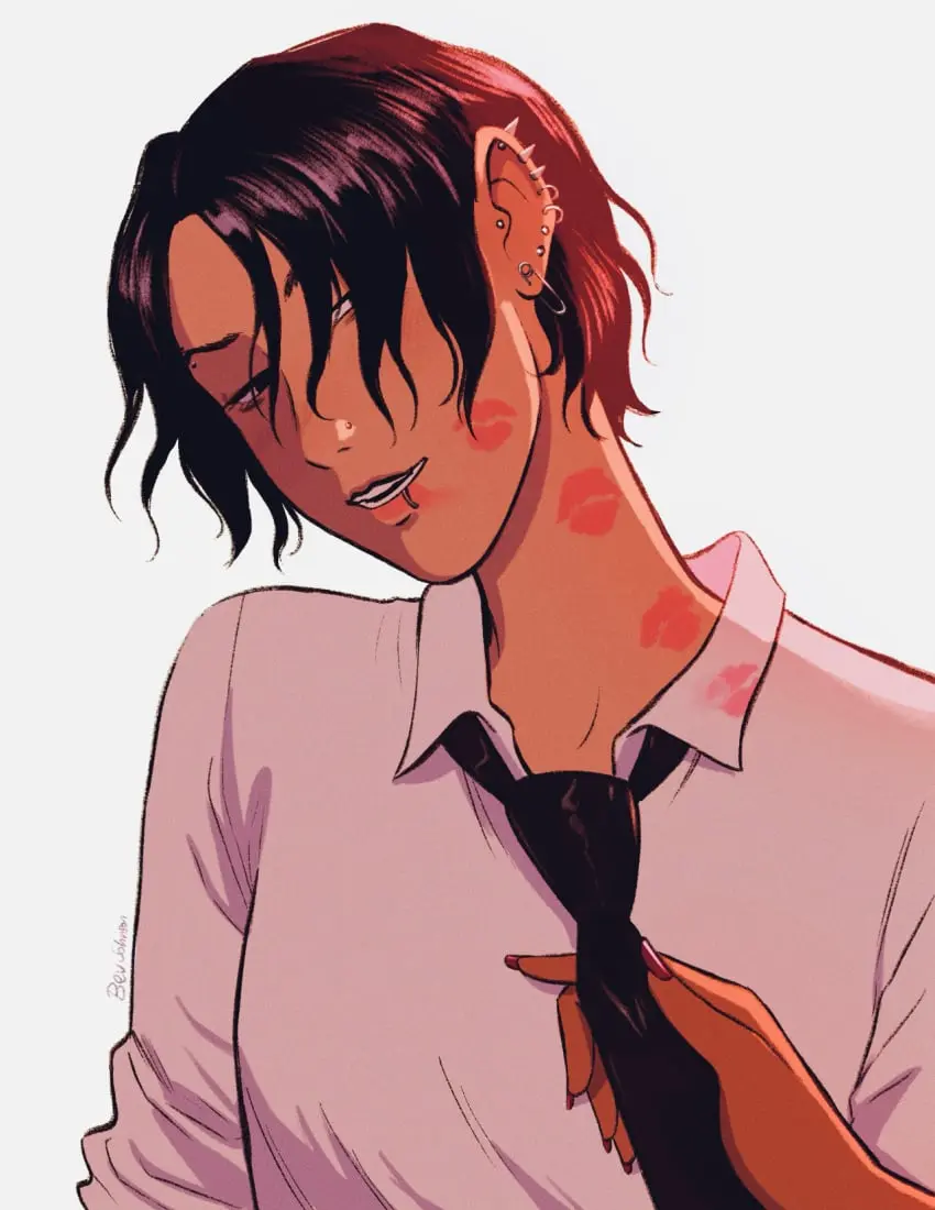 Image 1girls,female,solo,black_hair,short_hair,solo_female,2d,piercing,lipstick_mark,nail_polish,dress_shirt,white_shirt,2d_(artwork),tomboy,nails,goth,goth_girl,tie,piercings,masculine,punk,punk_girl,flirting_look,black_tie,butch,pierced_ears,lipstick_marks,lots_of_lipstick_marks,pierced_ear,labret_piercing,goth_tomboy,masculine_female,pulling_tie,pierced_lip,pierced_eyebrow,heartstrings_(series),ro_cambria_(heartstrings),smudged_lipstick,spice_aisle