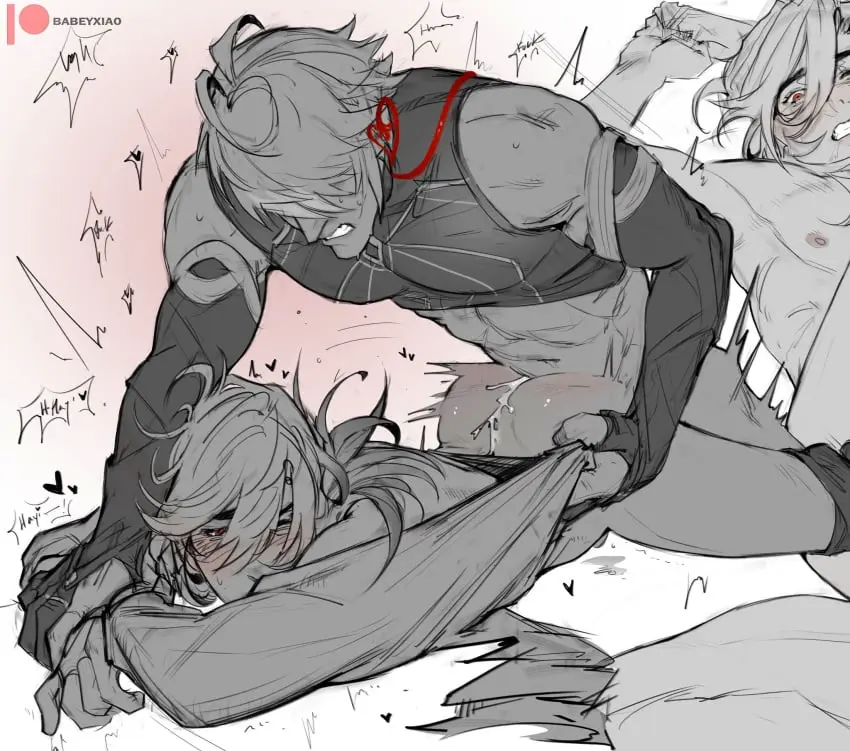 Image blush,male,2boys,anal,male/male,male_only,yaoi,pants_down,tagme,one_eye_closed,genshin_impact,penetration,bottomless,cropped,mostly_nude,alhaitham_(genshin_impact),kaveh_(genshin_impact),pounding,gritted_teeth,pinned_arms,babeyxiao