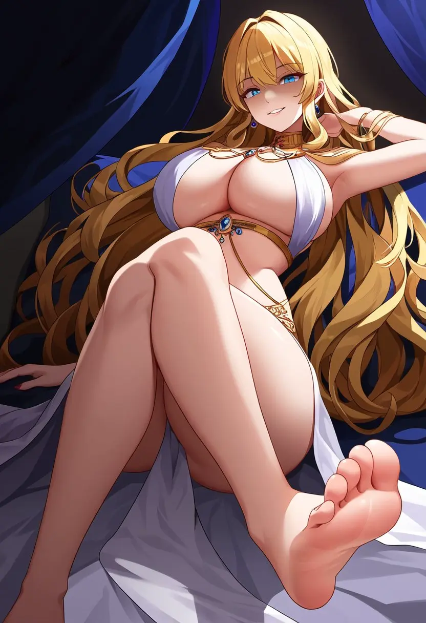 Image big_breasts,breasts,female,looking_at_viewer,blue_eyes,barefoot,smiling,ai_generated,blonde_hair,goddess,blonde_female,queen,toes,bare_legs,dominatrix,crossed_legs,partially_clothed_female,inner_sideboob,queen_miko