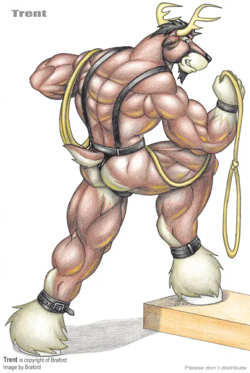 Image clothing,looking_at_viewer,solo,suspenders,black_hair,blue_eyes,male,underwear,ass,looking_back,muscular,muscular_male,grinning_at_viewer,hair,anthro,tan_body,pose,bulge,fur,mammal,muscular_anthro,black_body,horn,antlers,belt,5_fingers,black_nose,thong,fingers,big_muscles,brown_fur,deer,tuft,cloven_hooves,hooves,tan_fur,brown_body,looking_back_at_viewer,beard,muscles,black_fur,facial_hair,traditional_media_(artwork),rope,leg_tuft,wristband,black_beard,black_facial_hair,ankle_tuft,braford,white_hooves,ankleband,trent_(braford)