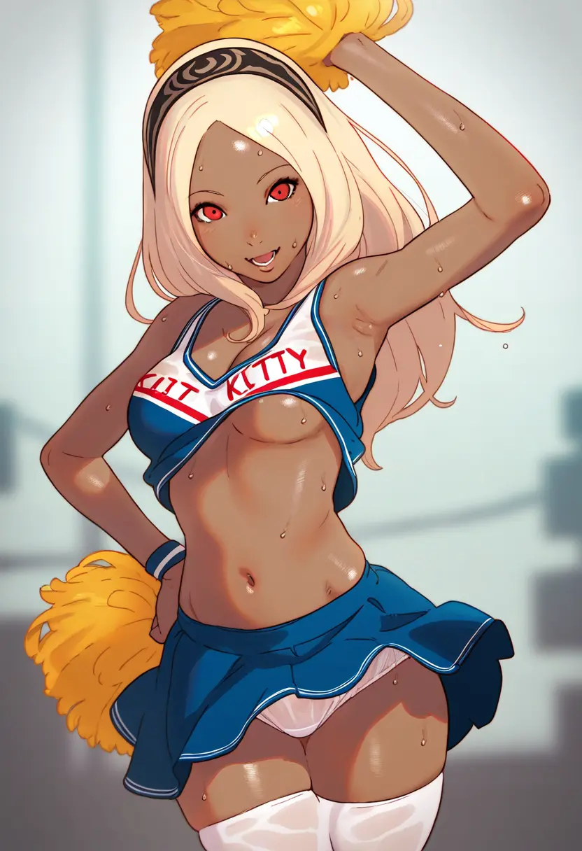 Image breasts,clothing,female,red_eyes,navel,thighhighs,panties,dark_skin,ai_generated,headband,solo_female,blonde_hair,skirt,bouncing_breasts,dressed,cheerleader,skirt_up,softcore,red,gravity_rush,kat_(gravity_rush),biao-9527