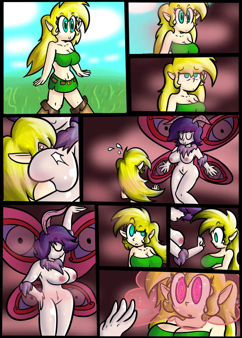 Image big_breasts,breasts,female,female_only,smile,2girls,multiple_girls,nude_female,blonde_hair,pink_eyes,elf,closed_eyes,comic,yuri,elf_ears,walking,hypnosis,mind_control,spiral_eyes,face_in_breasts,moth_girl,moth_wings,driplette