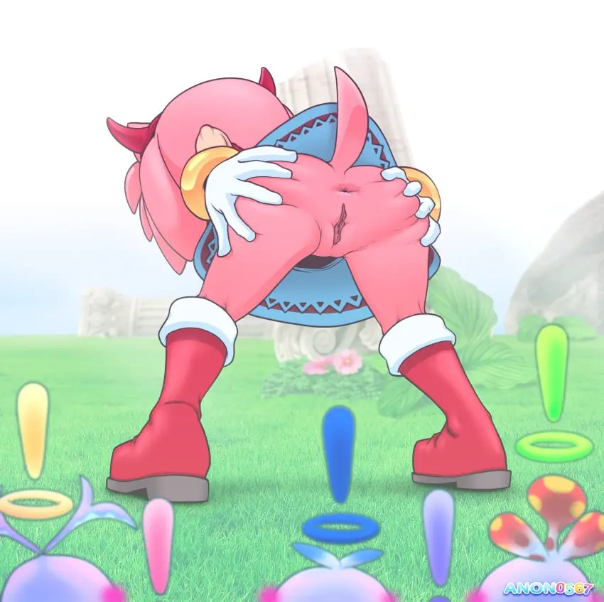 Image blush,female,looking_away,anthro,presenting,no_panties,surprised_expression,amy_rose,sonic_(series),sonic_the_hedgehog_(series),devil_horns,spreading_cheeks,chao_(sonic),hero_chao,anon0567