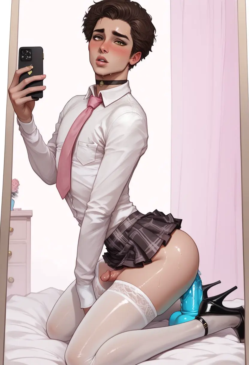 Image blush,looking_at_viewer,male,penis,thighhighs,white_legwear,choker,ass,big_ass,big_butt,bubble_ass,bubble_butt,thick_thighs,thighs,ai_generated,femboy,round_ass,round_butt,stockings,wet,brown_hair,skirt,heels,high_heels,selfie,dildo,blushing_at_viewer,thigh_highs,necktie,microskirt,tie,dildo_in_ass,hazel_eyes,plump_ass,tallcallipygian,tcallipygian,skirt_up,dildo_sitting,black_heels,strappy_heels,lace_legwear