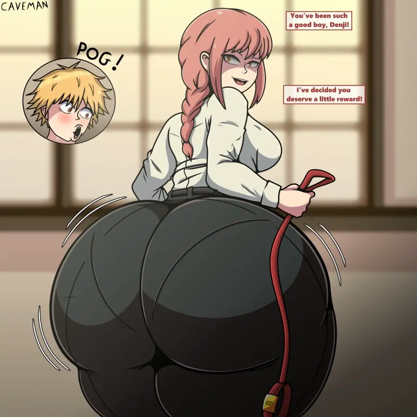 Image 1girls,big_breasts,breasts,female,large_breasts,1boy,male,red_hair,ass,big_ass,big_butt,bottom_heavy,huge_ass,looking_back,thick_thighs,thighs,ponytail,wide_hips,orange_hair,fat_ass,text,thick_ass,cave,dialogue,large_ass,leash,text_bubble,chainsaw_man,denji_(chainsaw_man),makima_(chainsaw_man),ass_body,leash_and_collar,pantylines,ass_awe,caveman147,dog_leash,pog
