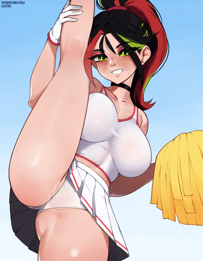 Image 1girls,big_breasts,breasts,female,looking_at_viewer,smile,black_hair,gloves,red_hair,panties,ponytail,fortnite,green_eyes,collar,legs_up,miniskirt,skirt,big_thighs,helsie_(fortnite),fortnite:_battle_royale,dyed_hair,upskirt,cheerleader,cheerleader_outfit,lilatole,pom_poms,pantyshot