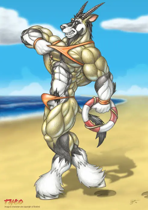 Image clothed,clothing,nipples,shirt,solo,standing,blue_eyes,male,penis,erection,muscular,muscular_male,beach,pink_nipples,grinning_at_viewer,balls,anthro,gay,fur,genitals,mammal,multicolored_body,muscular_anthro,black_body,horn,shirt_lift,5_fingers,black_nose,white_body,fingers,big_muscles,brown_fur,bovid,swimwear,tank_top,tuft,topwear,antelope,cloven_hooves,hooves,brown_body,white_fur,pubes,muscles,black_fur,white_penis,clothing_lift,traditional_media_(artwork),tenting,leg_tuft,wristband,mixed_media,huge_muscles,bikini_thong,ankle_tuft,lifeguard,braford,brown_horn,white_hooves,grazing_antelope,oryx,theo_(braford)