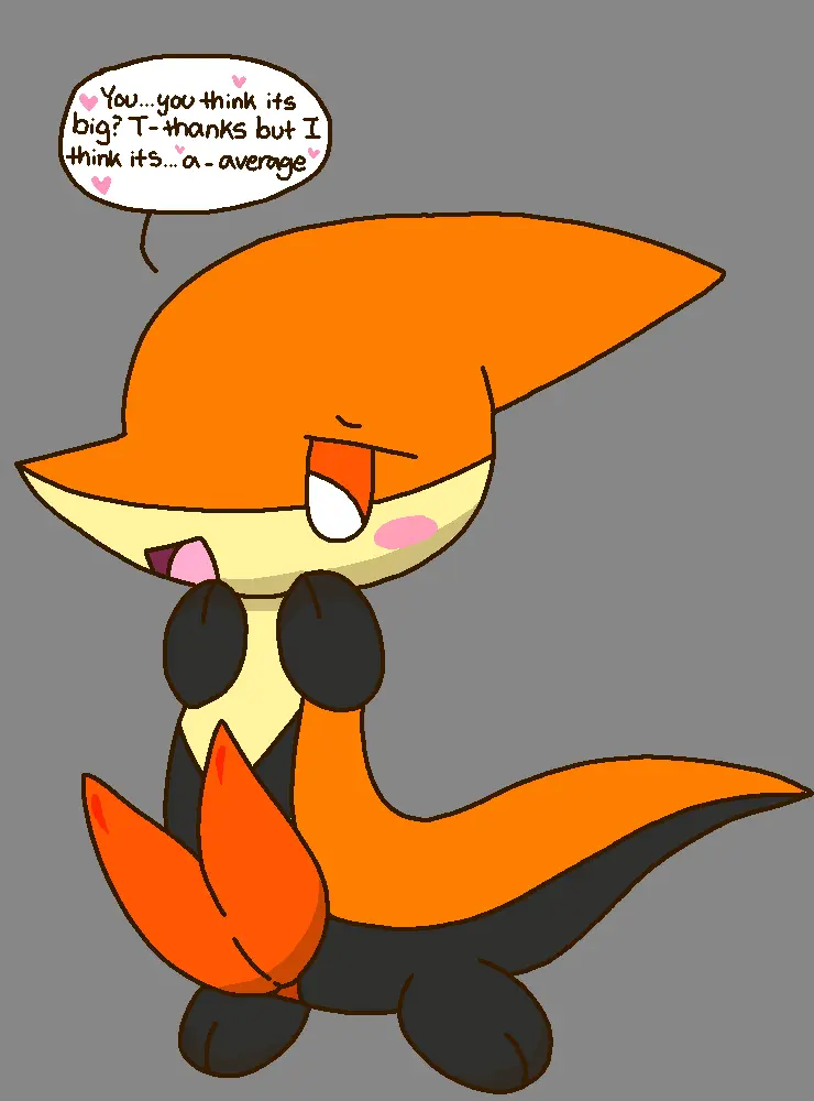 Image blush,simple_background,1boy,male,penis,orange_eyes,shy,male_only,text,looking_down,plain_background,self_upload,black_skin,looking_at_penis,english_text,2024,reptile,grey_background,text_bubble,orange_skin,yellow_skin,blushing,multi_genitalia,tapering_penis,diphallia,diphallism,multi_penis,daunting_dusk_encouraging_dawn,fakemon,komatosse,pezi,orange_penis,searmber