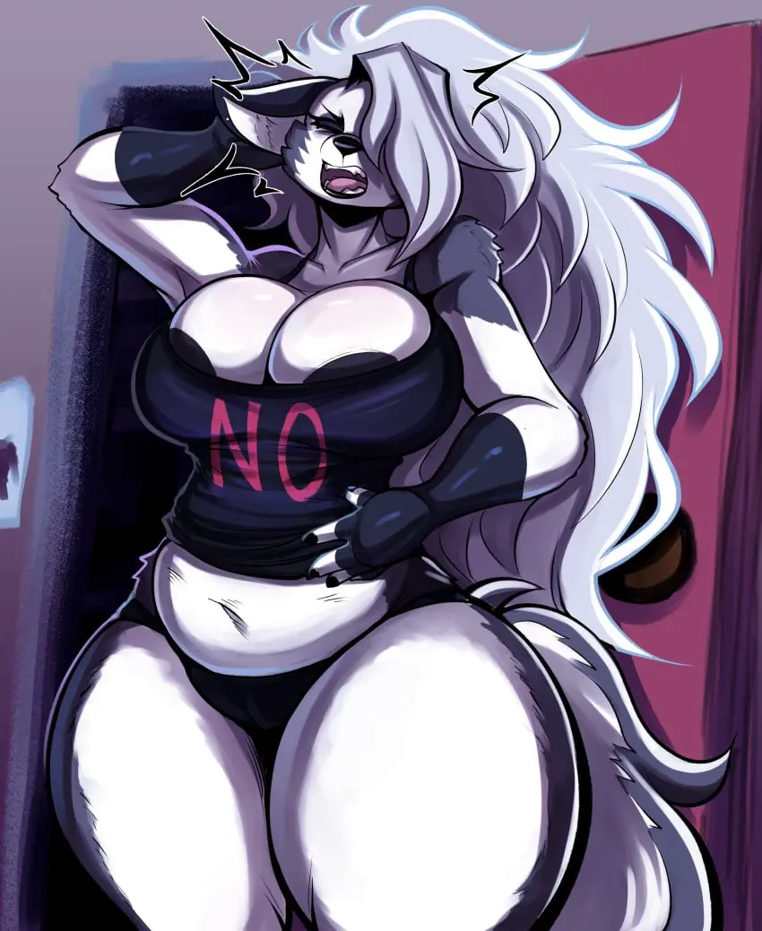 Image 1girls,big_breasts,breasts,clothing,female,female_only,grey_hair,large_breasts,solo,panties,thick_thighs,hair_over_one_eye,wide_hips,areolae,midriff,huge_breasts,anthro,demon,busty,indoors,demon_girl,canine,front_view,hellhound,helluva_boss,loona_(helluva_boss),areola_slip,crop_top,nathanatwar,png,text_on_clothing,yawn,whateverdoes