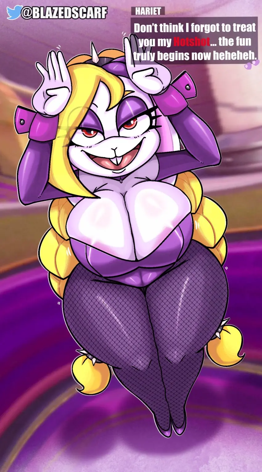 Image big_breasts,breasts,clothing,female,female_only,looking_at_viewer,furry,big_ass,big_butt,thick_thighs,voluptuous,wide_hips,anthro,text,blonde_hair,thick,thick_ass,bunny_girl,mario_(series),heels,english_text,bunnysuit,fishnets,rabbit,fishnet_stockings,super_mario_odyssey,broodal,hariet_(mario),blazedscarf,broodals