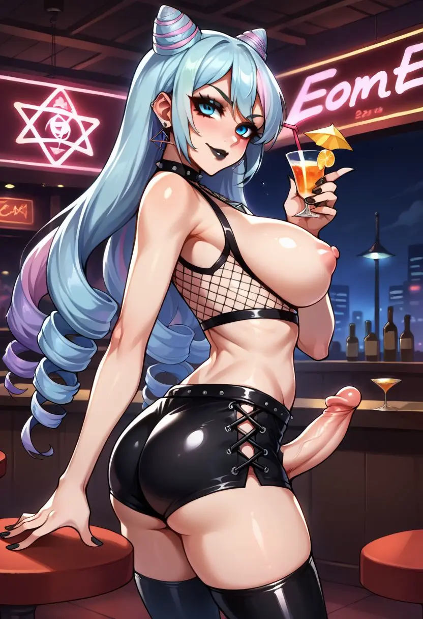 Image breasts,large_breasts,looking_at_viewer,penis,futanari,intersex,ai_generated,crossdressing,futa_only,nintendo,fire_emblem,erect_penis,fishnets,goth,fire_emblem_engage,dominatrix,leather,cocktail,rosado_(fire_emblem)