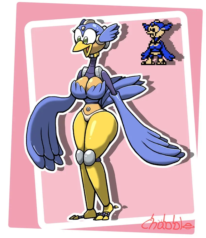 Image female,white_background,feathers,wings,green_eyes,blue_body,beak,bird,robot,robot_girl,robot_humanoid,pink_background,tail_feathers,robot_joints,white_outline,chabble,mega_man,harpy,harpy_girl,mega_man(classic),beat_(mega_man)