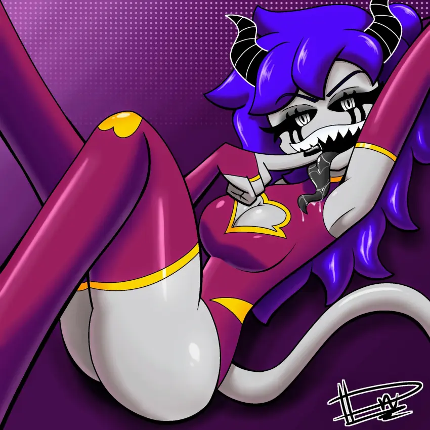 Image female,looking_at_viewer,blue_hair,tongue_out,demon_tail,tongue,teeth,demon,demon_girl,demon_horns,sharp_teeth,white_eyes,dn28_art,eva_(dn28_art)