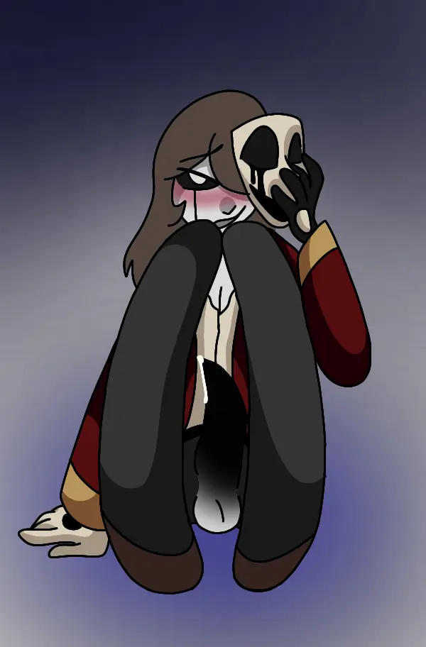 Image blush,looking_at_viewer,black_legwear,penis,sitting,precum,toony,black_sclera,black_penis,white_eyes,masked,red_coat,non-human_penis,black_and_white_gloves,livyestolive,livystudioz_(artist),ringmaster,sal_restroski_(untrust_us),untrust_us_series,weird_penis