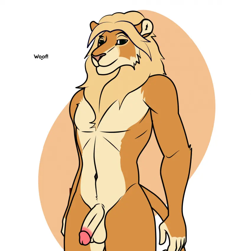 Image hi_res,looking_at_viewer,solo,standing,male,nude,penis,tail,anthro,green_eyes,flaccid,fur,genitals,mammal,feline,brown_fur,glans,markings,brown_body,felid,lion,pantherine,royalty,pink_glans,mane,white_markings,king,blonde_mane,woof!,royal_rod