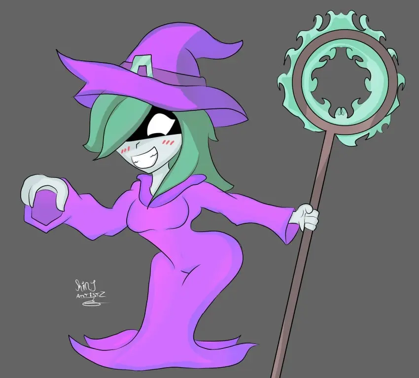 Image breasts,female,smile,medium_breasts,pale_skin,green_hair,witch_costume,witch_hat,witch,candies_n'_curses,necro_witch