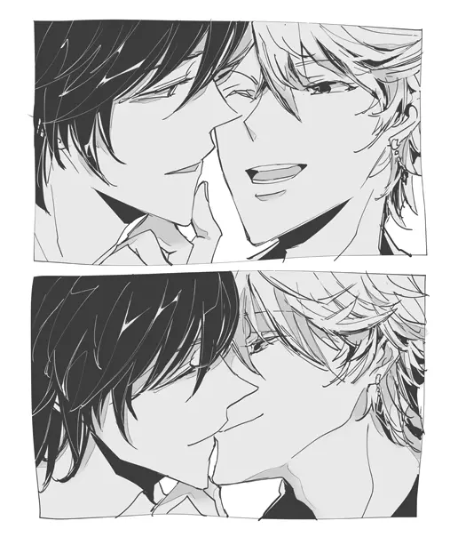 Image white_background,male,2boys,yaoi,genshin_impact,monochrome,multiple_boys,kissing,greyscale,close-up,zhongli_(genshin_impact),childe_(genshin_impact),tartaglia_(genshin_impact),hand_on_another's_chin,004s_4,bad_tag