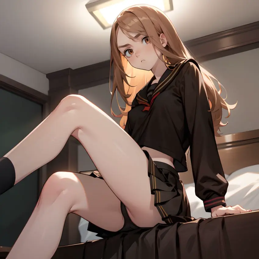Image 1girls,blush,brown_eyes,female,female_only,ai_generated,orange_hair,2d,schoolgirl,school_uniform,black_panties,sailor_uniform,tokyo_revengers,yuzuha_shiba,delinquent,gangster