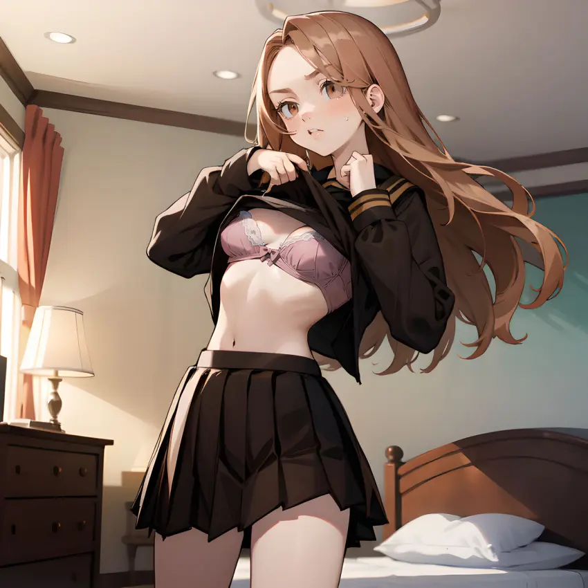 Image 1girls,blush,brown_eyes,female,female_only,ai_generated,orange_hair,2d,schoolgirl,school_uniform,sailor_uniform,pink_bra,tokyo_revengers,yuzuha_shiba,delinquent,gangster
