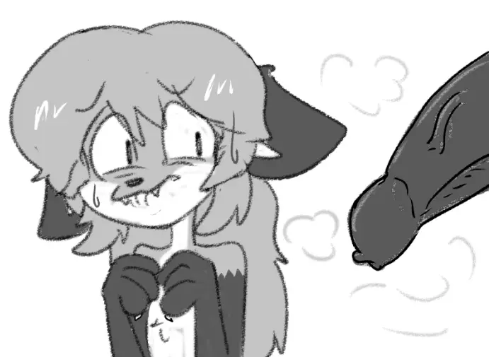 Image female,simple_background,male,penis,duo,humanoid_penis,hair,male/female,anthro,monochrome,canid,canine,fur,genitals,mammal,looking_at_penis,foreskin,uncircumcised,female_anthro,humanoid_genitalia,fox,markings,gloves_(marking),nervous,offscreen_character,unknown_artist,offscreen_male,hands_together,looking_at_genitalia,averi_(fiddleafox)