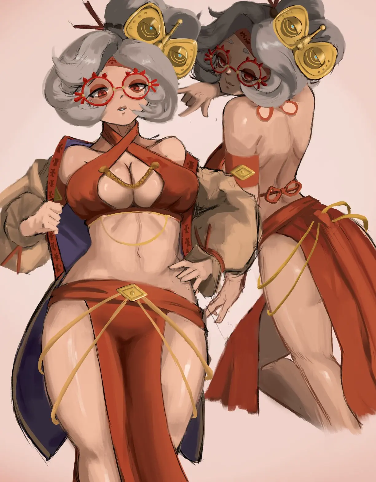Image breasts,female,highres,looking_at_viewer,red_eyes,solo,navel,bare_shoulders,collarbone,glasses,dress,back,stomach,the_legend_of_zelda,yomorio_lingerie,tears_of_the_kingdom,purah,purah_(tears_of_the_kingdom),blackleo2090