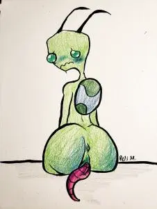Image blush,white_background,1boy,male,penis,big_butt,looking_back,humanoid,male_only,color,green_eyes,naked,artist_request,tentacle,naked_male,alien,worried,tapering_penis,tentacle_penis,alien_boy,antennae_(anatomy),invader_zim,worried_expression,antennae,irken,pak,tallest_spork,unused_character