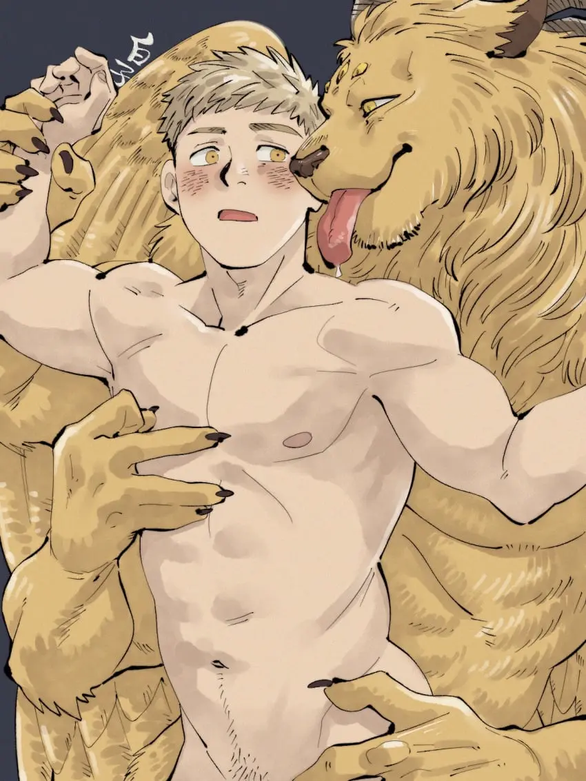 Image blush,hi_res,human,nipples,male,navel,nude,tongue_out,tongue,duo,muscular,muscular_male,2boys,male/male,male_only,yaoi,hair,size_difference,wings,anthro,blonde_hair,gay,bara,multiple_boys,fur,mammal,muscular_anthro,pecs,yellow_body,yellow_fur,horn,looking_at_another,big_dom_small_sub,dominant,dominant_male,eye_contact,submissive_male,submissive,smaller_male,abs,signature,molestation,felid,pubes,larger_male,lion,pantherine,big_pecs,dominant_anthro,dungeon_meshi,laios_touden,holding_partner,smaller_human,muscular_human,caressing,submissive_human,larger_anthro,delicious_in_dungeon,41raco,winged_lion_(dungeon_meshi),shirako