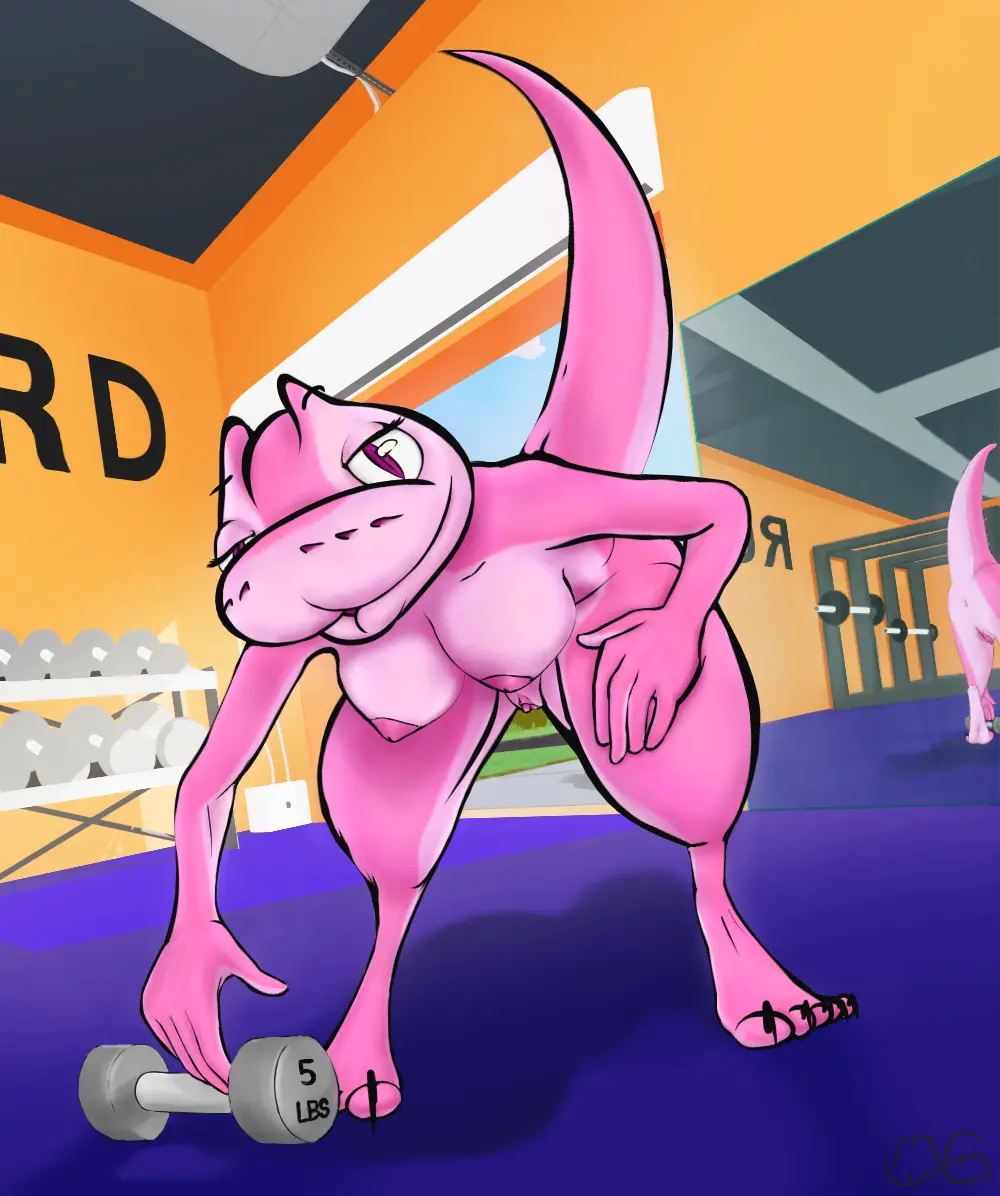 Image clothed,clothing,female,solo,gym,anthro,inside,reptile,scales,scalie,pink_body,snake,mirror,pink_scales,weights,mystery-goop,pinki_(mystery-goop)