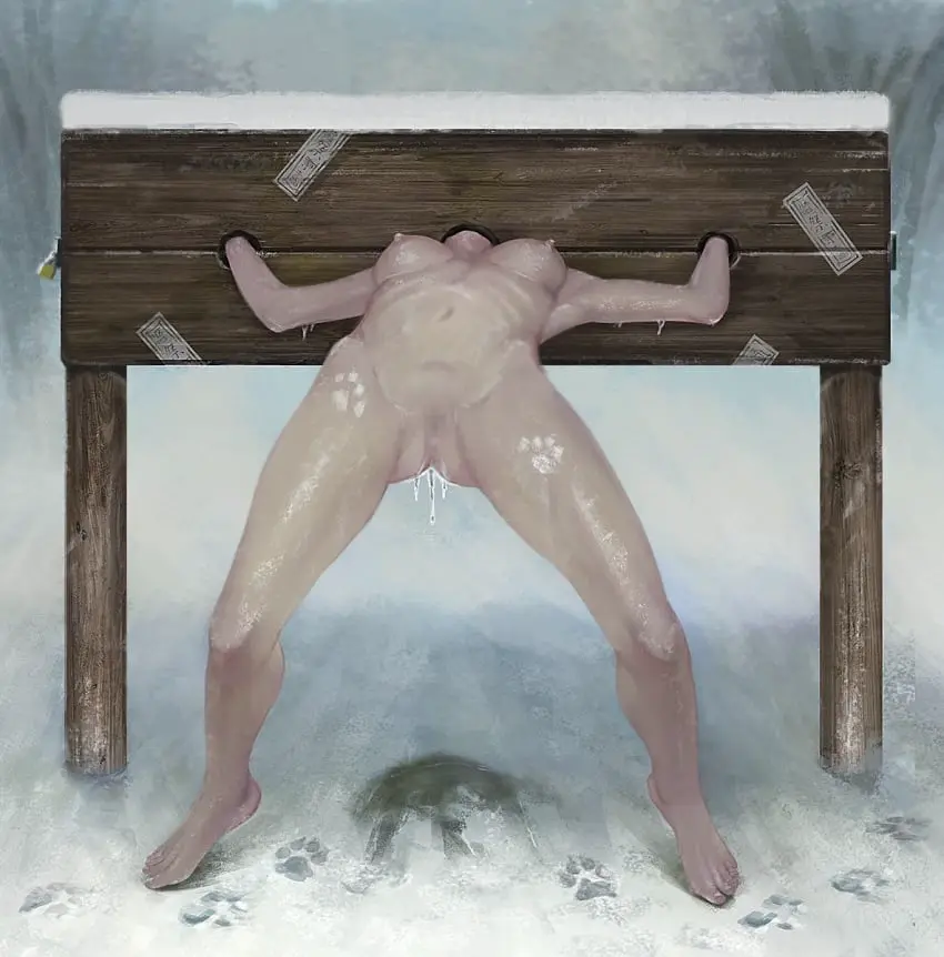 Image female,censored,mosaic_censoring,bondage,femsub,zoophilia,bound,stationary_restraints,snow,pawprint,implied_bestiality,pillory,ikelag
