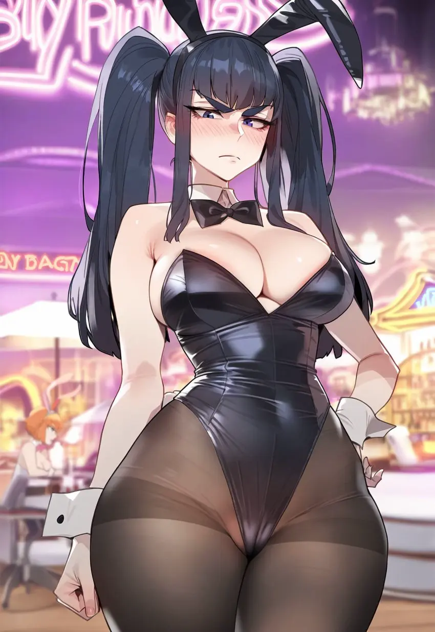Image 1girls,blush,breasts,female,female_only,hi_res,large_breasts,light-skinned_female,light_skin,long_hair,solo,black_hair,blue_eyes,thick_thighs,wide_hips,ai_generated,stable_diffusion,hand_on_hip,twintails,kill_la_kill,kiryuuin_satsuki,bunnysuit,high_resolution,leotard,asian,asian_female,naughty_face,thiccwithaq_(ai_style),artstyle_imitation,floox