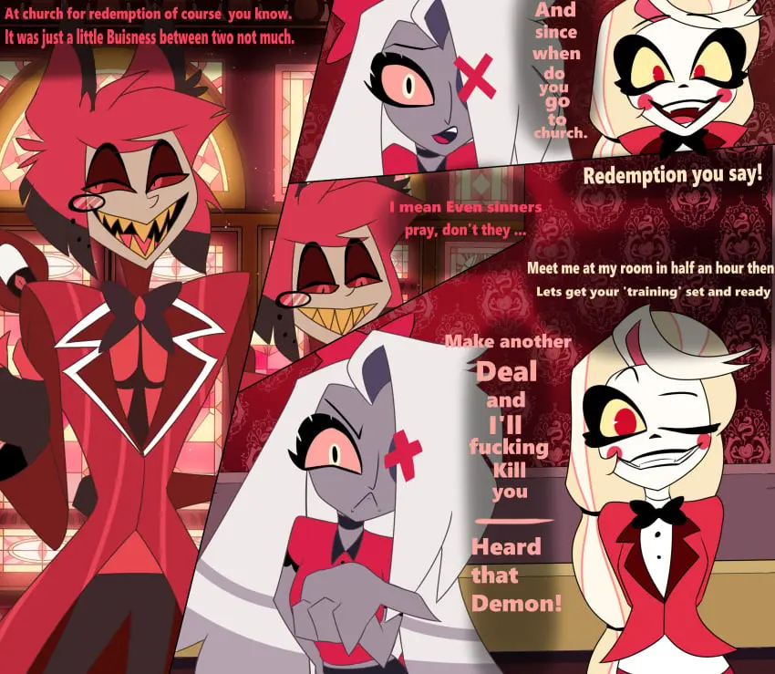 Image female,1boy,2girls,male,text,comic,comic_page,text_box,text_bubble,alastor_(hazbin_hotel),hazbin_hotel,retzhuko_(artist),charlie_morningstar_(hazbin_hotel),vaggie_(hazbin_hotel),vivienne_medrano,vivziepop
