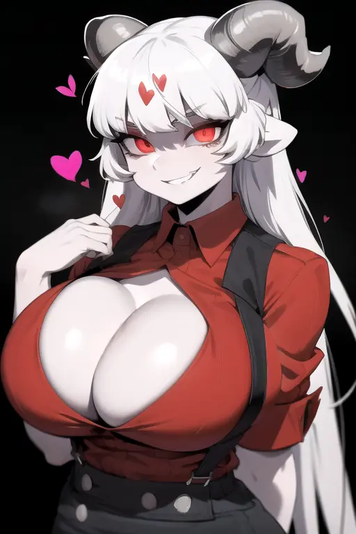 Image breasts,clothing,female,long_hair,looking_at_viewer,red_eyes,ai_generated,cleavage,demon,demon_girl,demon_horns,helltaker,boob_window,daidouji_(artist),1monster,daidoujipv,baphomet_(grizz)