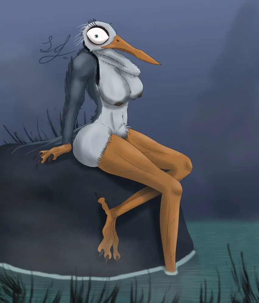 Image big_breasts,breasts,female,hi_res,looking_at_viewer,nipples,solo,navel,humanoid,water,eyelashes,hair,feathers,wings,anthro,text,sitting,absurd_res,mature_female,grey_body,big_eyes,long_neck,avian,beak,bird,signature,plant,pubes,braided_hair,older_female,rock,orange_legs,fog,swamp,illumination_entertainment,orange_beak,erin_(migration),great_heron,heron,lindwormduality,migration_(film),orange_hands,pelecaniform,submerged_feet