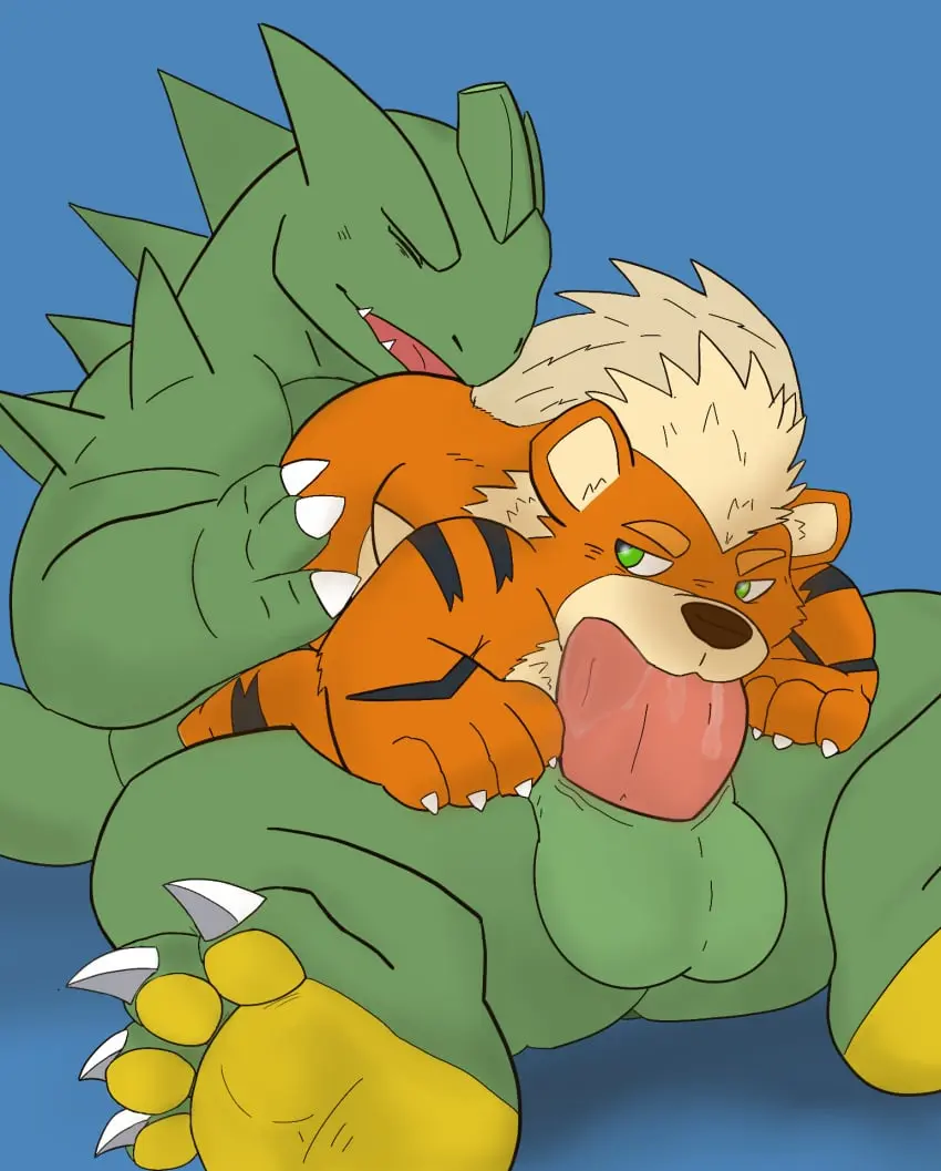 Image hi_res,simple_background,male,oral,penis,pokemon,pokemon_(species),sex,duo,fellatio,anal,male/male,balls,anthro,green_eyes,nintendo,canid,canine,genitals,mammal,thick_penis,scalie,penile,rimming,generation_1_pokemon,generation_2_pokemon,tyranitar,growlithe,peppygrowlithe
