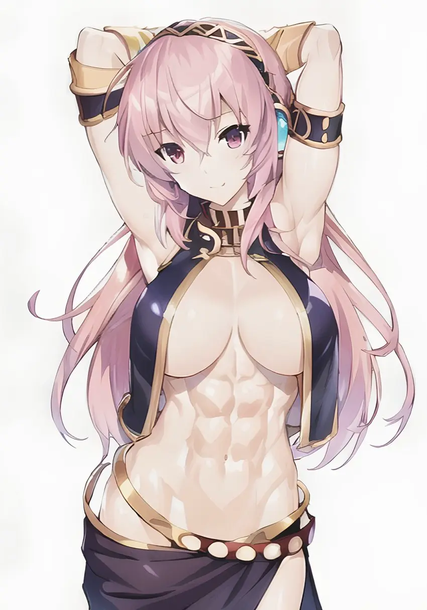 Image no_bra,open_clothes,navel,ai_generated,arms_behind_head,arms_up,midriff,pink_hair,revealing_clothes,vocaloid,abs,megurine_luka