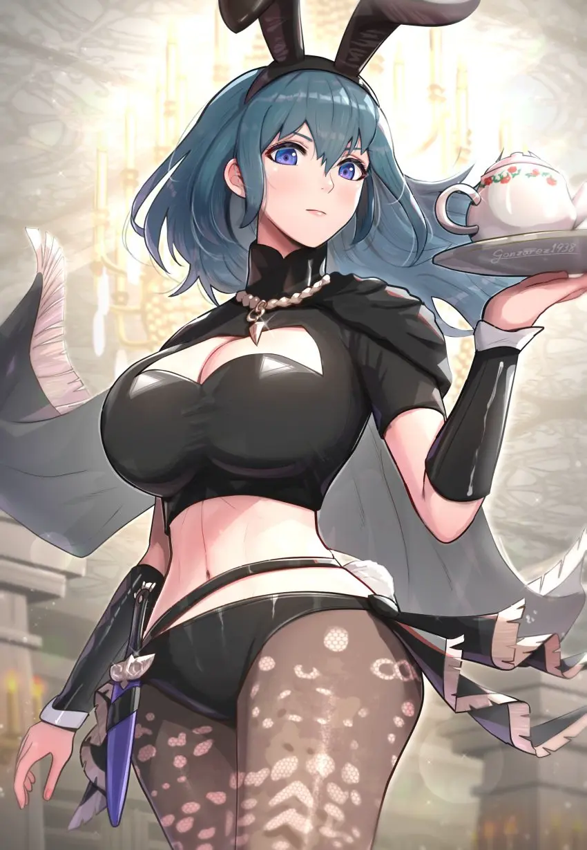 Image 1girls,breasts,cowboy_shot,female,female_only,highres,large_breasts,long_hair,looking_at_viewer,shirt,solo,standing,absurdres,animal_ears,blue_eyes,blue_hair,navel,panties,underwear,thighs,cleavage,midriff,cleavage_cutout,bunny_ears,bunny_girl,rabbit_ears,nintendo,black_panties,cape,short_sleeves,alternate_costume,stomach,fire_emblem,fire_emblem:_three_houses,bunnysuit,gonzarez,fake_animal_ears,weapon,byleth_(fire_emblem),pantyhose,crop_top,leggings,black_shirt,black_cape,knife,dagger,clothing_cutout,byleth_(fire_emblem)_(female),revision