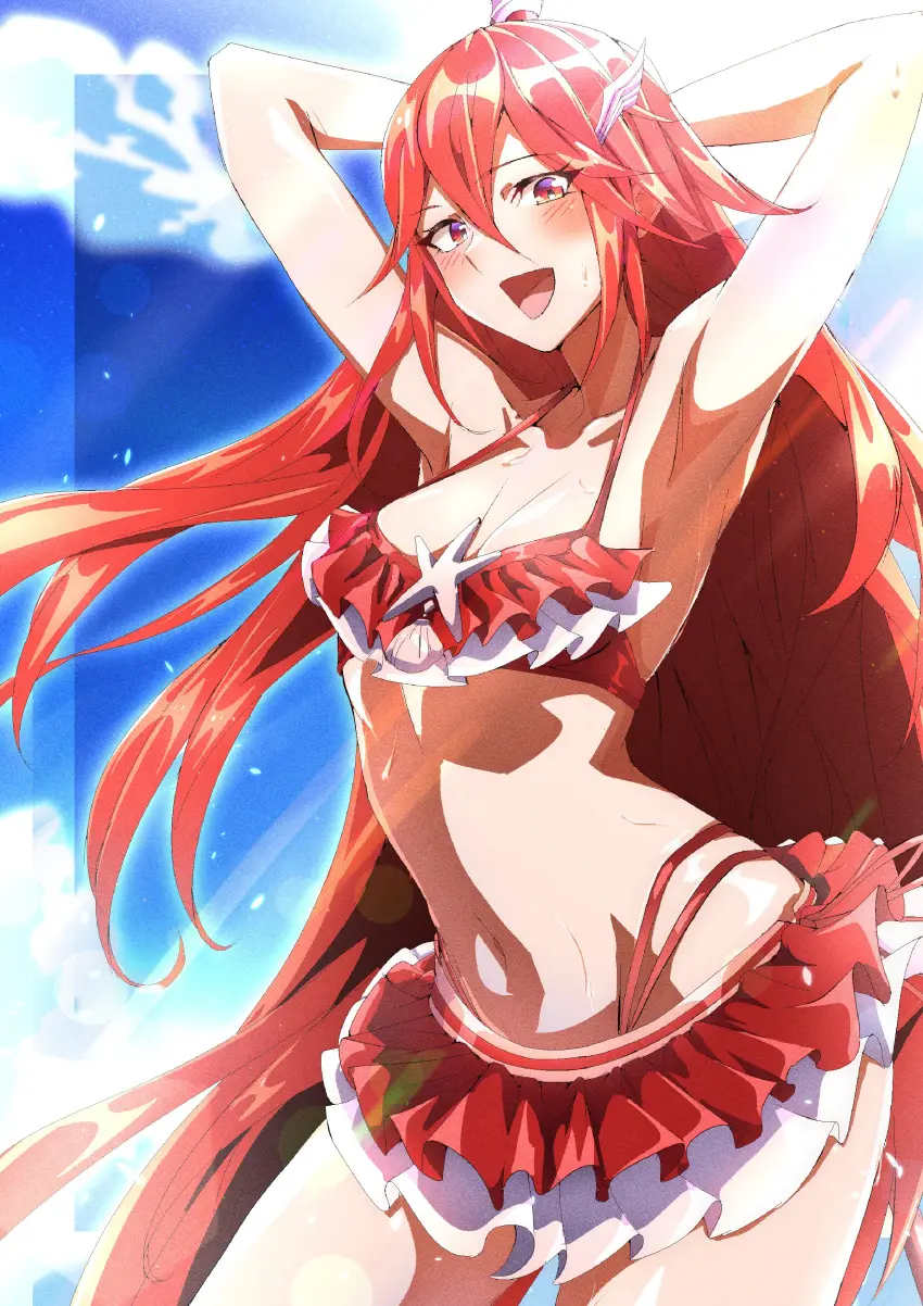 Image 1girls,blush,breasts,cowboy_shot,female,female_only,hair_ornament,highres,long_hair,looking_at_viewer,open_mouth,red_eyes,smile,solo,standing,very_long_hair,absurdres,navel,sweat,red_hair,bikini,armpits,sky,arms_up,bare_shoulders,medium_breasts,swimsuit,cloud,nintendo,hair_between_eyes,outdoors,official_alternate_costume,alternate_costume,stomach,fire_emblem,fire_emblem_awakening,fire_emblem_heroes,blue_sky,halterneck,day,arms_behind_back,presenting_armpit,frilled_bikini,red_bikini,frills,bikini_skirt,wing_hair_ornament,cordelia_(fire_emblem),to_(tototo_tk)