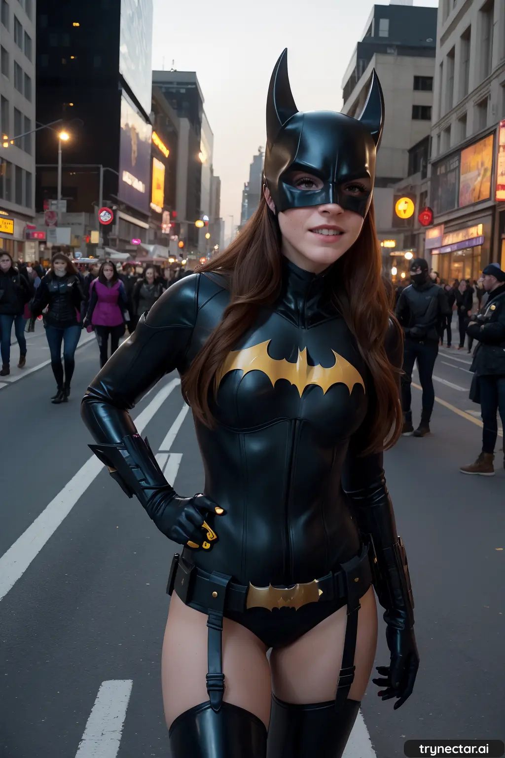 Image female,smile,gloves,red_hair,ai_generated,latex,street,mask,batgirl,emma_watson