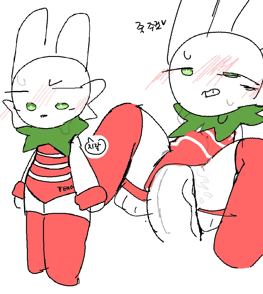 Image blush,clothing,female,human,male,duo,male/female,anthro,text,mammal,sleeveless_shirt,legwear,leotard,blush_lines,swimwear,lagomorph,leporid,rabbit,cosplay,leggings,armband,fleshlight_position,korean_text,painful_penetration,hottoek,volt_(hottoek)