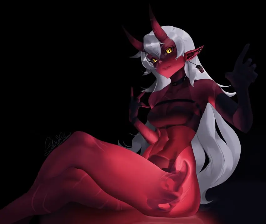 Image female,white_hair,yellow_eyes,virtual_youtuber,horns,pointy_ears,red_skin,scars,akumi,oni,oni_horns,vyugen