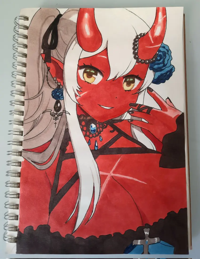 Image female,white_hair,yellow_eyes,virtual_youtuber,horns,red_skin,scars,akumi,oni,oni_horns,vyugen,traditional_art