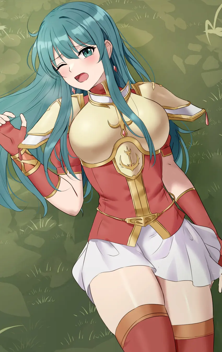 Image 1girls,breasts,female,female_only,long_hair,looking_at_viewer,open_mouth,solo,blue_eyes,blue_hair,gloves,on_back,earrings,thighs,aqua_hair,bare_thighs,medium_breasts,one_eye_closed,nintendo,skindentation,outdoors,skirt,fire_emblem,aqua_eyes,fingerless_gloves,boots,on_ground,thigh_boots,eirika_(fire_emblem),fire_emblem:_the_sacred_stones,amayo_thranana