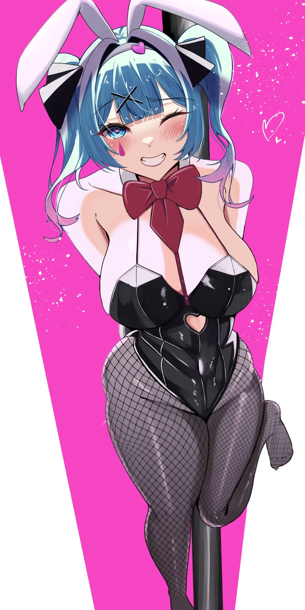 Image 1girls,big_breasts,blush,breasts,female,large_breasts,looking_at_viewer,open_mouth,smile,solo,standing,blue_eyes,blue_hair,heart-shaped_pupils,bare_shoulders,belly,belly_button,cleavage,huge_breasts,2d,one_eye_closed,tied_hair,hair_ribbon,bunny_ears,twintails,bunnysuit,fishnets,leg_up,hatsune_miku,vocaloid,pantyhose,belly_button_visible_through_clothing,teardrop_facial_mark,source,rabbit_hole_(vocaloid),slave_handles,hossy