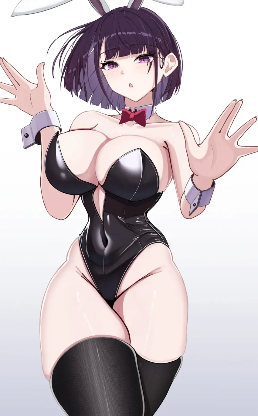 Image 1girls,big_breasts,breasts,female,large_breasts,looking_at_viewer,open_mouth,solo,standing,white_background,short_hair,thighhighs,thick_thighs,thighs,wide_hips,hips,bare_shoulders,belly,belly_button,cleavage,huge_breasts,2d,original_character,purple_eyes,bunny_ears,detached_sleeves,purple_hair,detached_collar,bunnysuit,oc,belly_button_visible_through_clothing,source,hossy